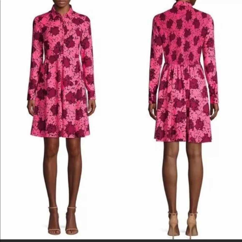 Kate Spade Pink Maroon Floral Smocked Long Sleeve Dress 8